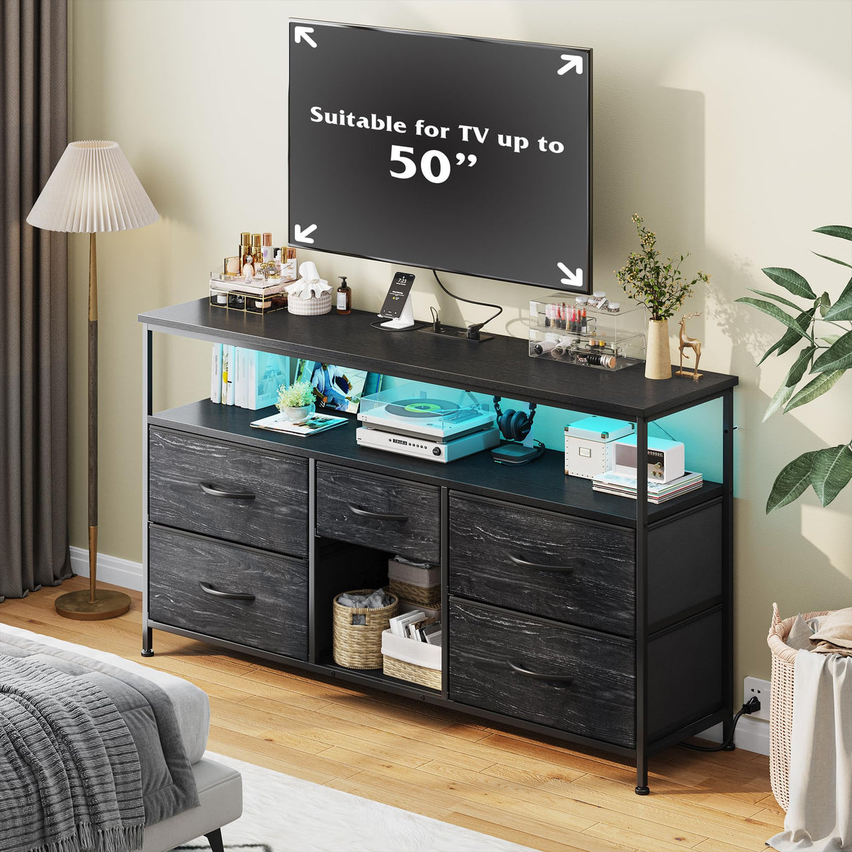 TV Stand with LED Lights & Power Outlets, Entertainment Center for 50" Inch TV, 5 Drawers TV Stand for Bedroom Dresser with Shelves for Living Room, Sturdy Metal Frame, Black EnHomee