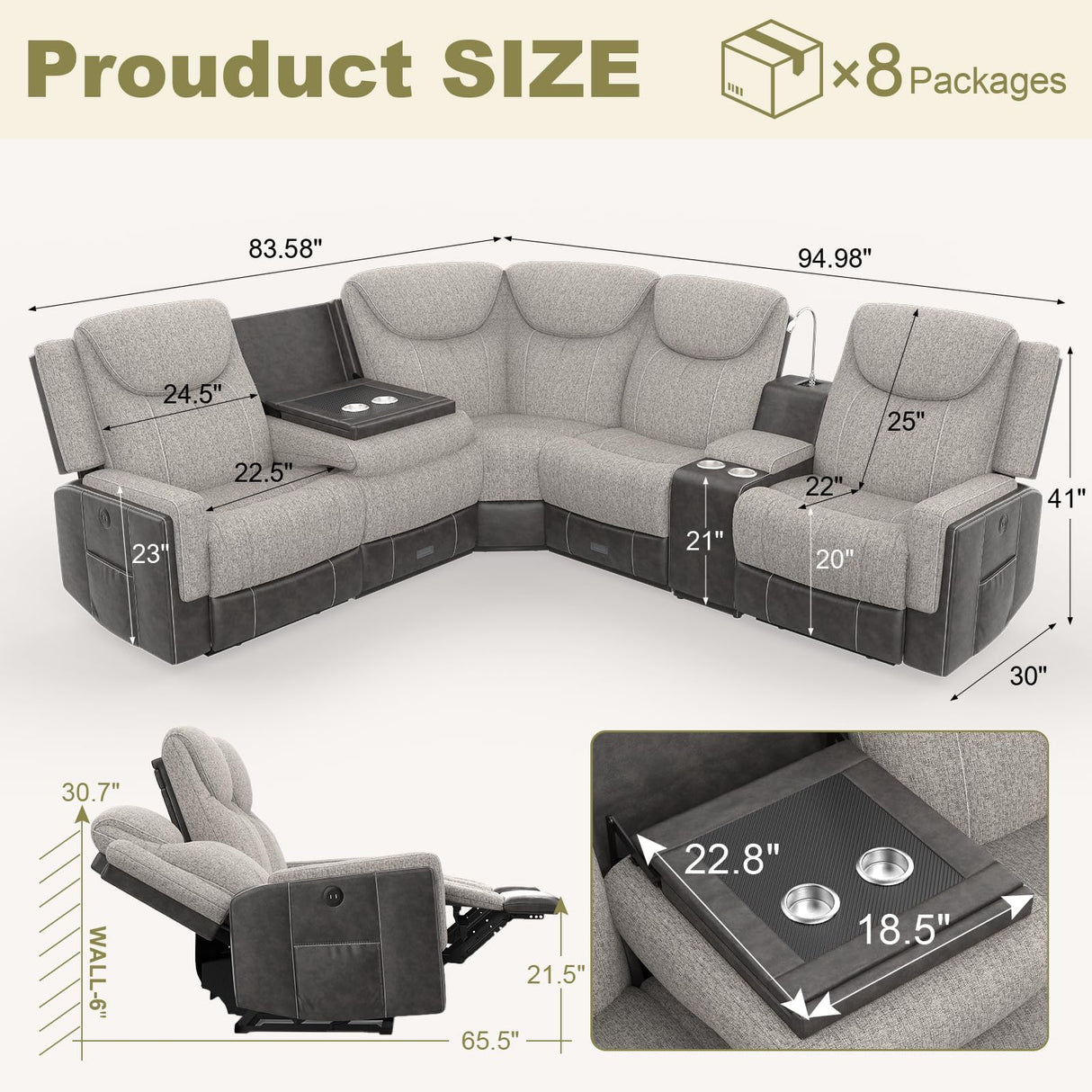 Dresegmt Home Theater Seating, Manual Recliner Sectional Sofa for Living Room, 5 Seater Reclining Sectional Couch with Flip-Up Backrest, Storage Console, USB Ports, Grey Linen & Chocolate Leather Dresegmt