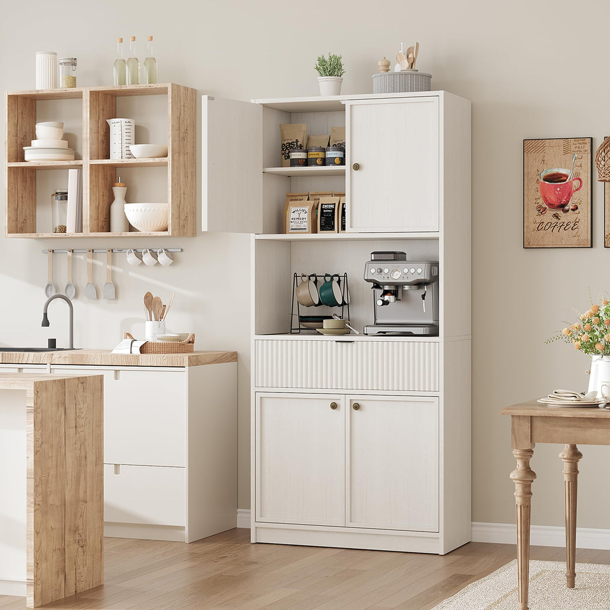 GarveeHome Kitchen Pantry Cabinet, 70" Tall Pantry Storage Cabinet with Countertop, Fluted Tall Cabinets with Doors and Drawer, Freestanding Cupboard for Dining Room, Living Room, Antique White GarveeHome