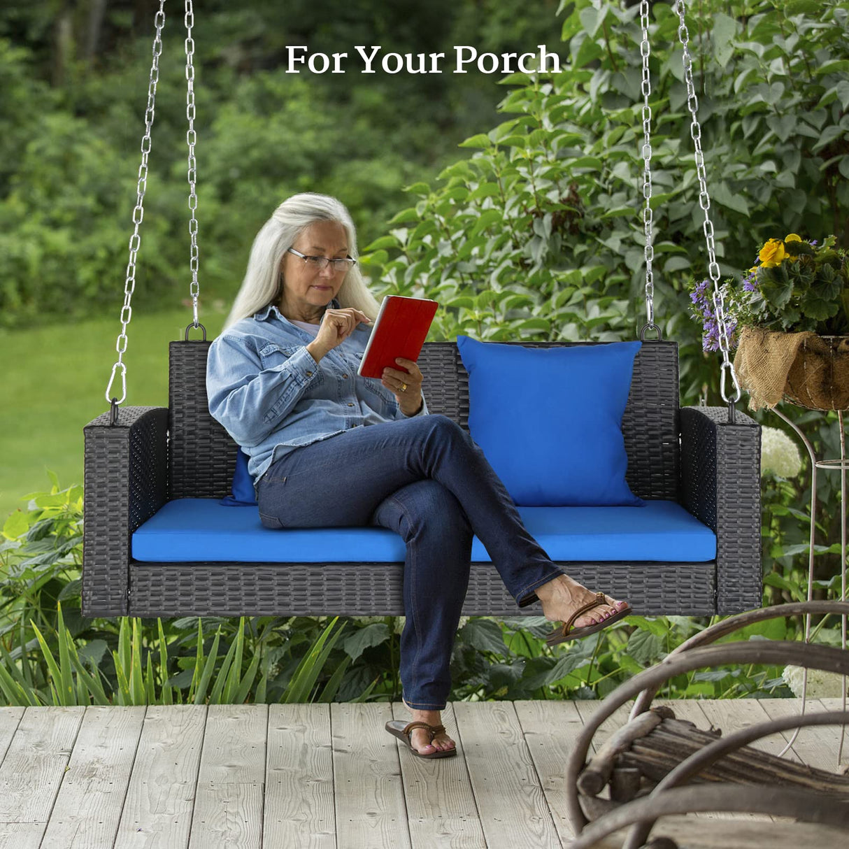 VINGLI Heavy Duty 800 LBS Wicker Hanging Porch Swing with Cushions & Chains, 4FT Outdoor Rattan Swing Bench for Garden, Yard, Lawn (Black+Blue) VINGLI