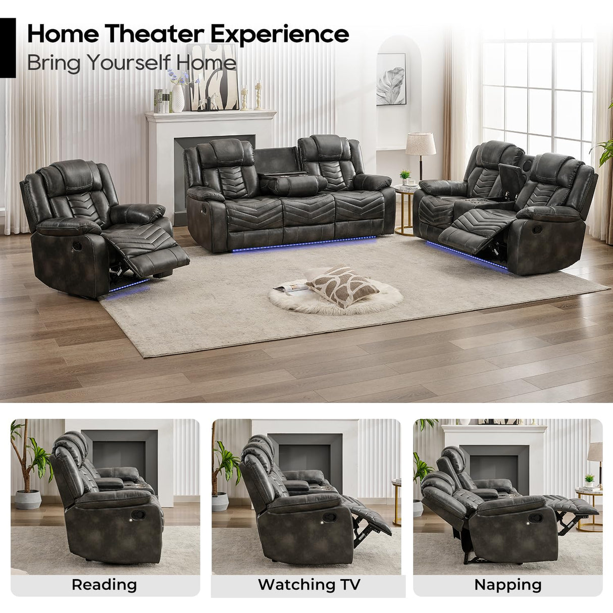 Manual Recliner Sofa Set 3 Piece with Wireless Charger for Living Room,Leather 3 Seater Reclining Couch with Bass Speakers and Loveseat Theater Seating,Home Electric Recliner Chair with LED Light,Grey Comfort Stretch