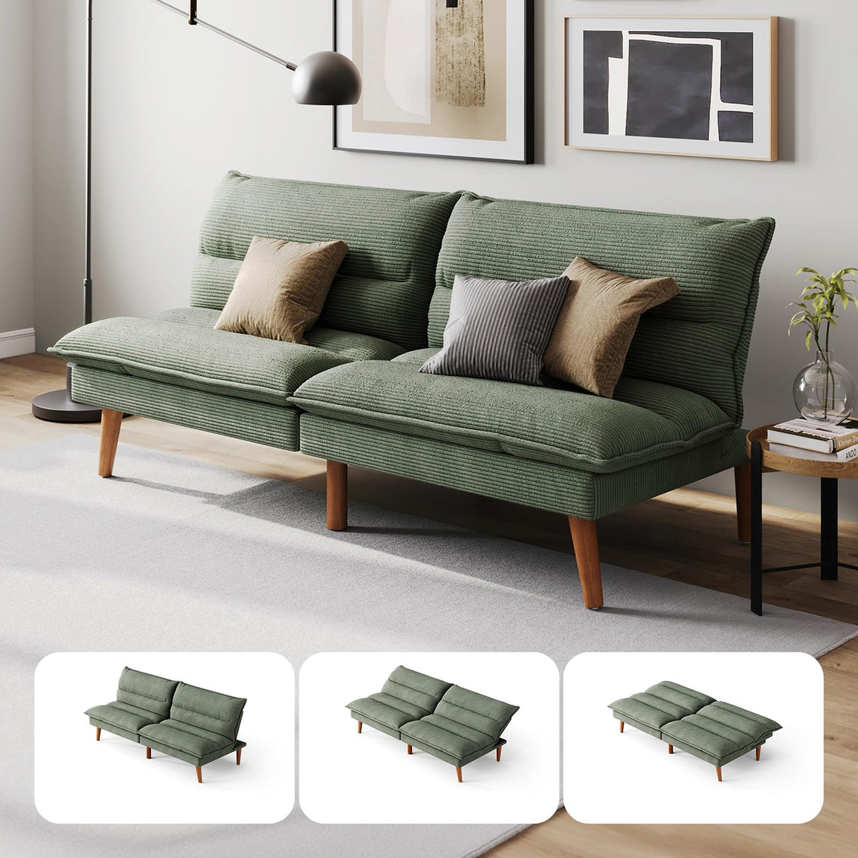 LINSY HOME Futon Sofa Bed - Convertible Corduroy Futon Couch Bed with Adjustable Backrest, Modern Small Loveseat Sleeper Sofa for Small Spaces, Living Room, Apartment or Office (Green) LINSY HOME