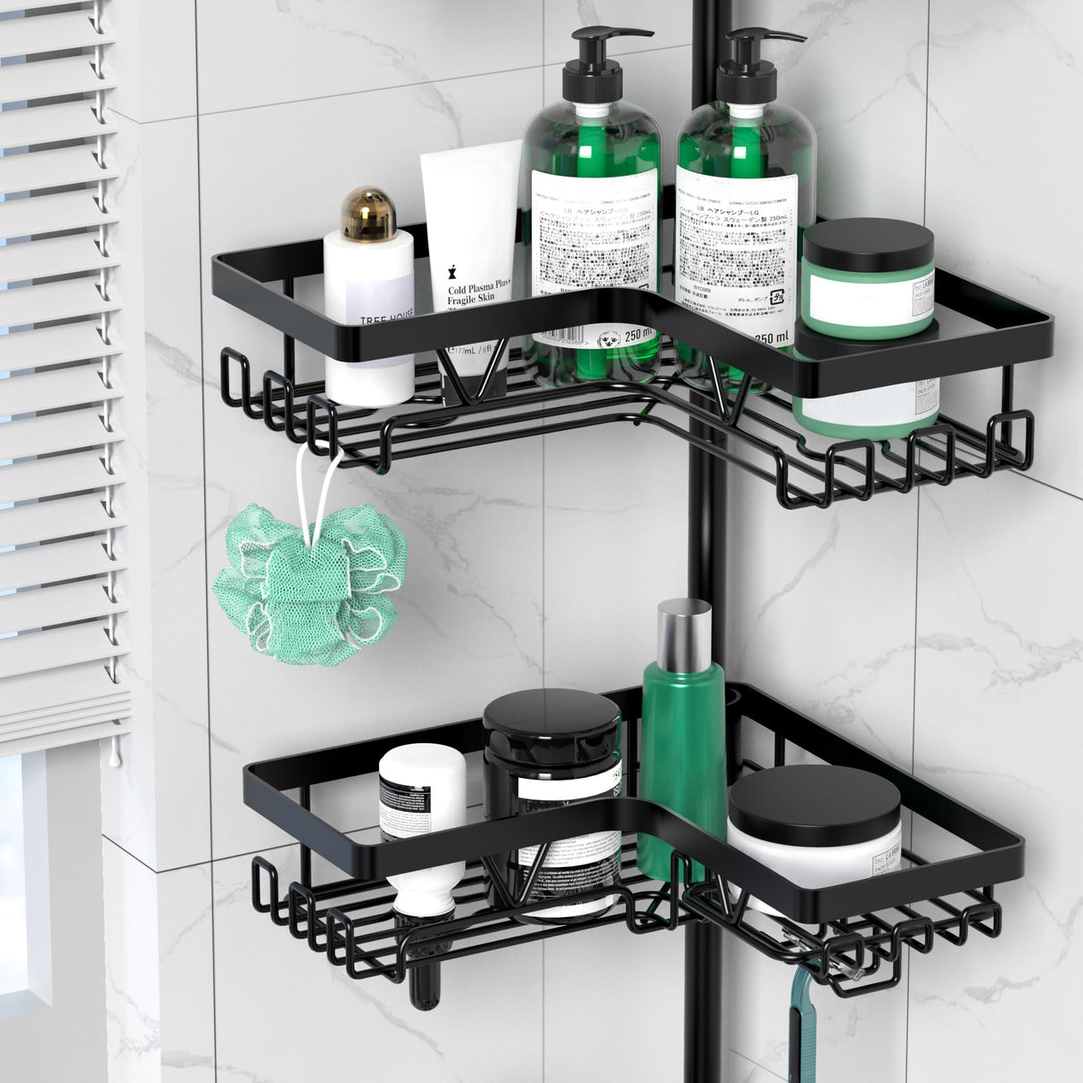 DAOYA Corner Shower Caddy Tension Pole - 4 Tier Stainless Steel Rustproof Shower Corner Caddy for Bathtub Bathroom Shower Organizer Shelves Adjustable Pole 25-114.2 Inch Black DAOYA
