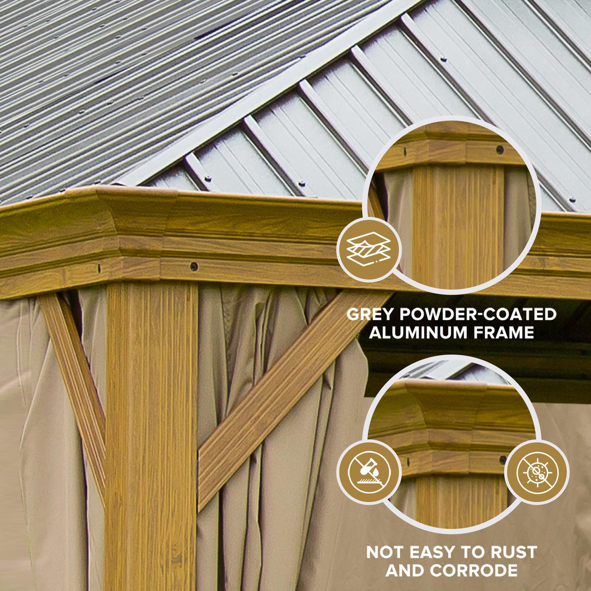 12x18ft Hardtop Gazebo, Wooden Finish Coated Aluminum Frame Canopy with Galvanized Steel Double Roof, Outdoor Permanent Metal Pavilion with Curtains & Netting for Garden, Brown (Wooden 12x18 Ft) TRUSTERTHEE