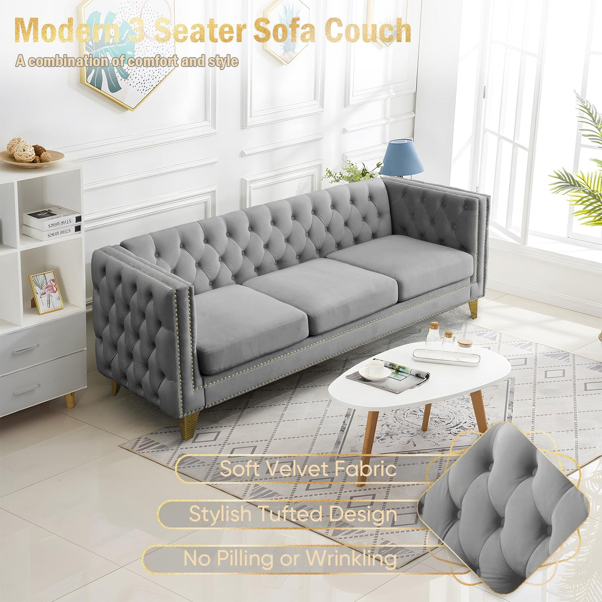 Velvet 3 Seater Sofa Couch, Comfy Couches for Living Room, Modern Sofa with Tufted Back and Rivet Decoration, Upholstered Long Couch with Solid Golden Metal Tapered Legs, Grey KINFFICT