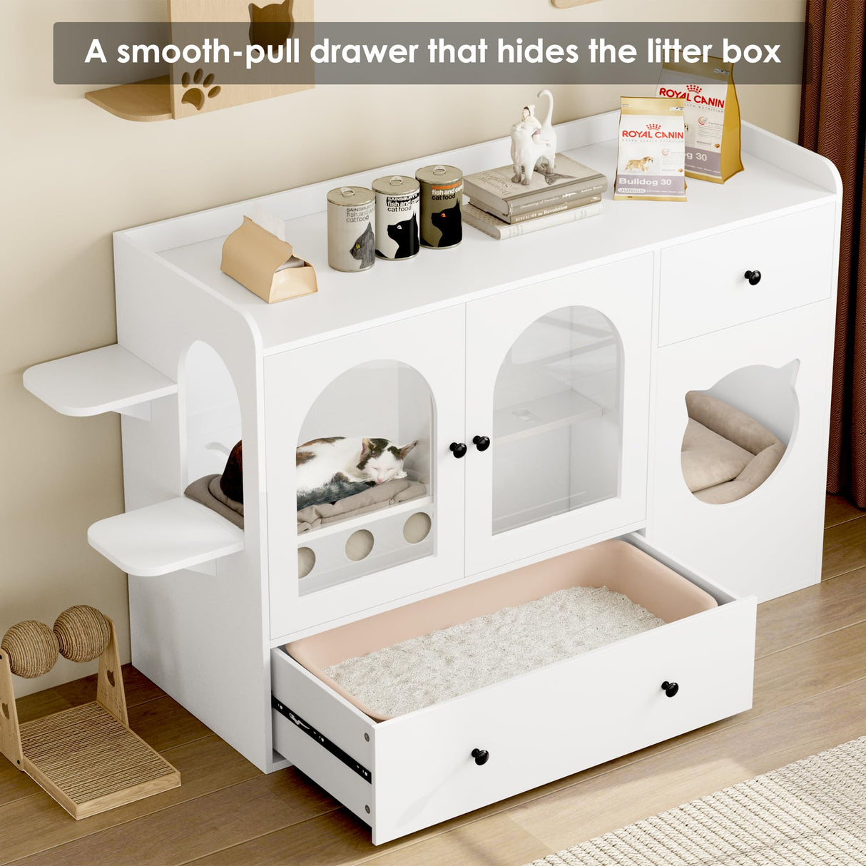 FACBOTALL 55.1" Cat Litter Box Enclosure, Furniture Hidden With Scratcher, Storage Cabinet With Bowls, Wooden Pet Crate House With Storage Spaces, Indoor House Furniture FACBOTALL