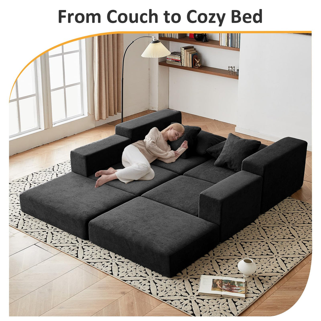 Modular Sectional Loveseat Cloud Sofa, Boneless Couch with Non Slip Base, Modern Sleeper Sofa for Customizable Living Spaces, Cozy Modular Couch with L-Shape Chaise, Deep Seat & No Assembly, Black CozyMine