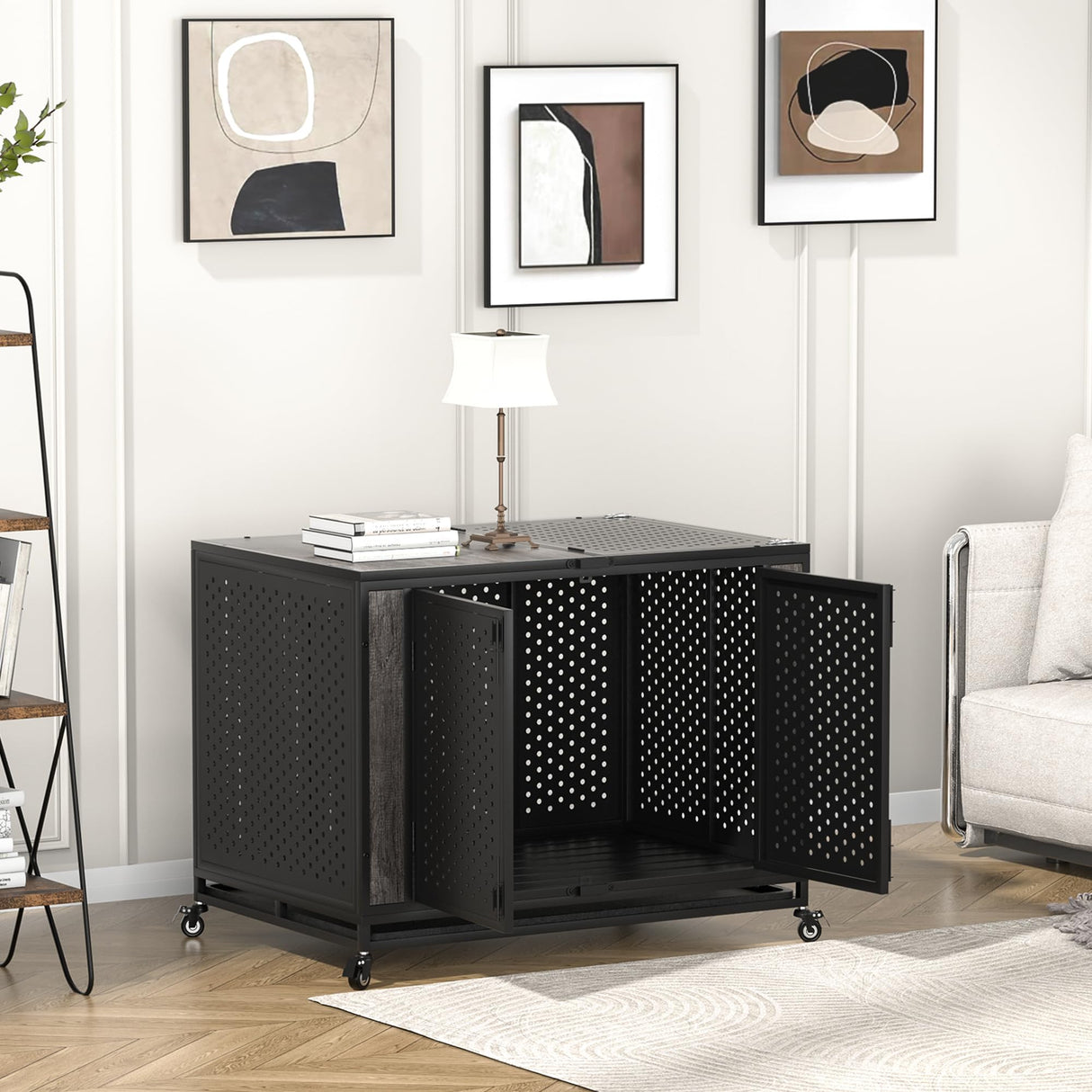 REXWELTEN 42" Heavy Duty Dog Crate Furniture for Medium and Large Dogs, Enclosed Design with 0.5 inch Holes, Indestructible Metal Kennel for High Anxiety Dogs, Chew Proof Indoor Pet House Cage, Gray Rexwelten