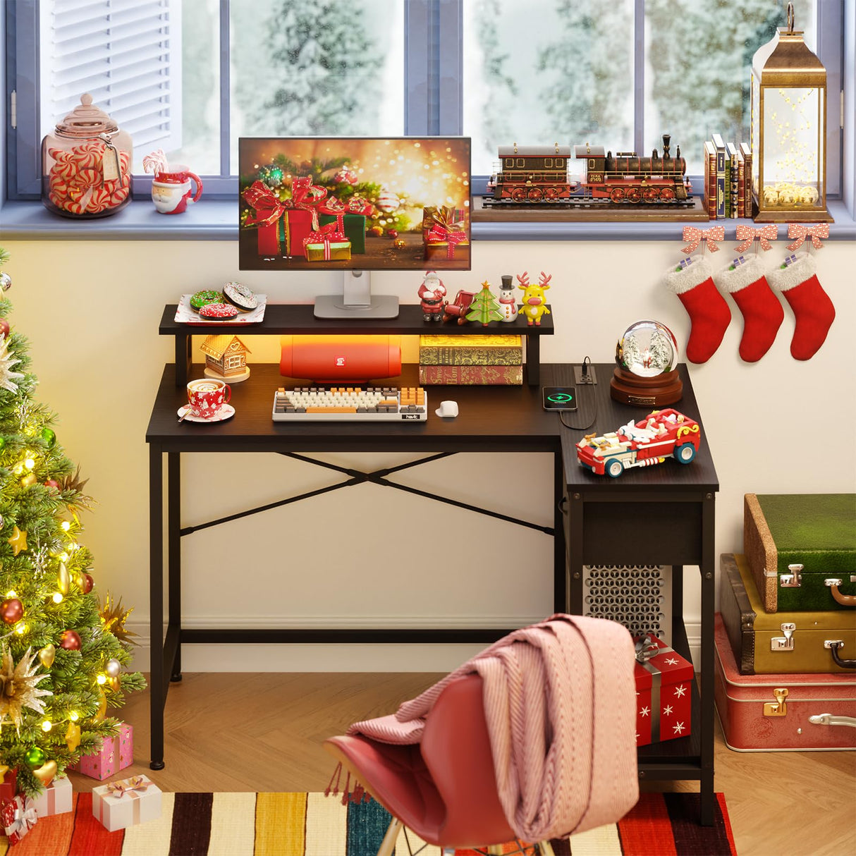 Fixwal L Shaped Gaming Desk with Power Outlets and LED Lights, 43 Inch Computer Desk with Charging Port, Small Corner Desk Table with Drawer and Shelf, Home Office Desk with Monitor Stand, Black Fixwal