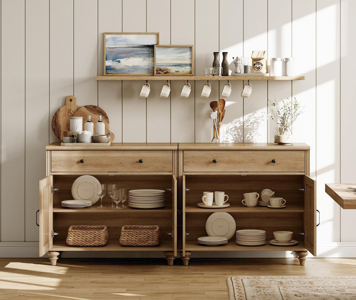 WAMAPT Buffet Cabinet with 4 Doors and 2 Drawers, Large Coffee Bar Table Wood Kitchen Storage Cabinets with Storage Cabinets, Modern Farmhouse Sideboard Credenza for Dining Room, Oak, 68 inch WAMPAT