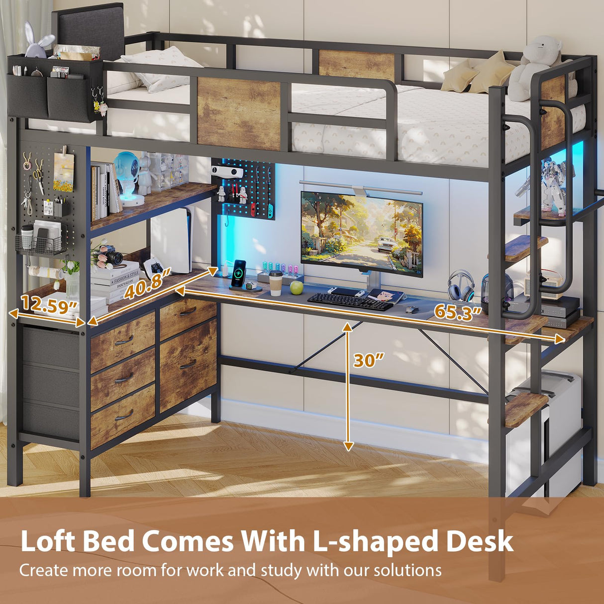 Loft Bed Twin Size with L-Shaped Desk,Metal Bunk Bed Frame with 5 Storage Drawers, LED Lights & Charging Station,Twin Loft Bed with Removable Ladder, Safety Guardrail,No Box Spring Needed,Rustic Brown Dnxao