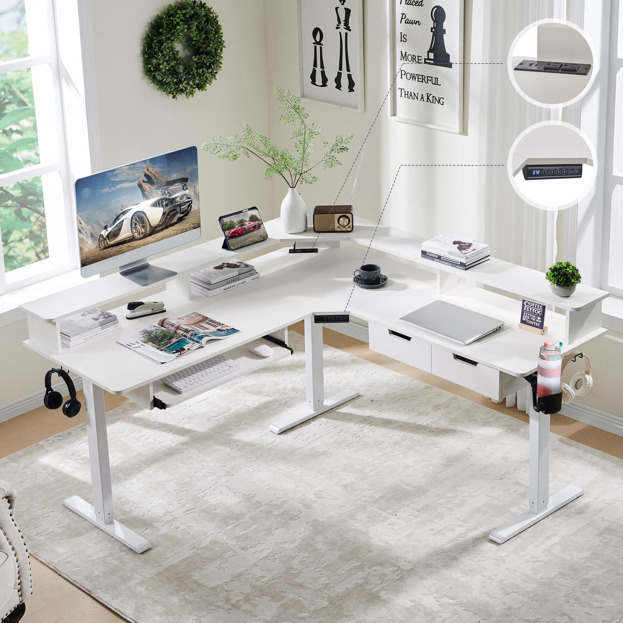 RedLemon 60 Inches L Shaped Electric Standing Desk, Height Adjustable Corner Gaming Desk with Drawers, Keyboard Tray, Power Outlets & LED Lights, Comnputer Desk with Monitor Shelf, Antique White RedLemon