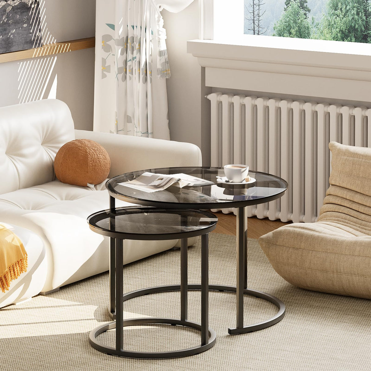 aboxoo Nesting Coffee Table Grey Glass Table Set of 2, Small Round Glass Nesting Tables for Living Room Bedroom, Accent Tea Table with Metal Frame Modern Industrial Simple aboxoo