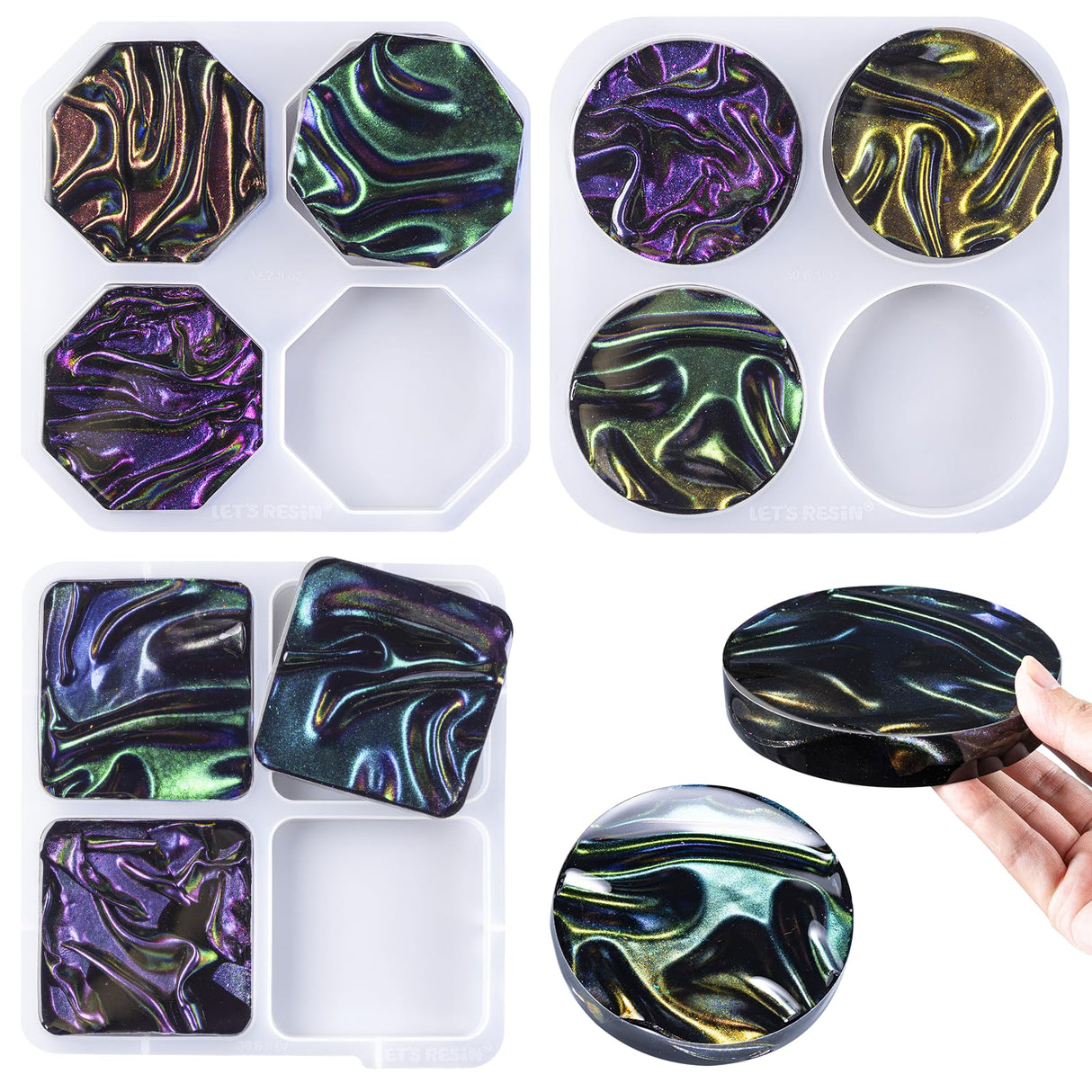 LET'S RESIN Upgraded Deeper & Larger Coaster Resin Molds, 12 Cavities Epoxy Resin Molds with 3 Pcs Round Square Octagon Shapes, Coaster Molds for Epoxy Resin, Cups Mats, DIY Craft, Bar Coaster LET'S RESIN