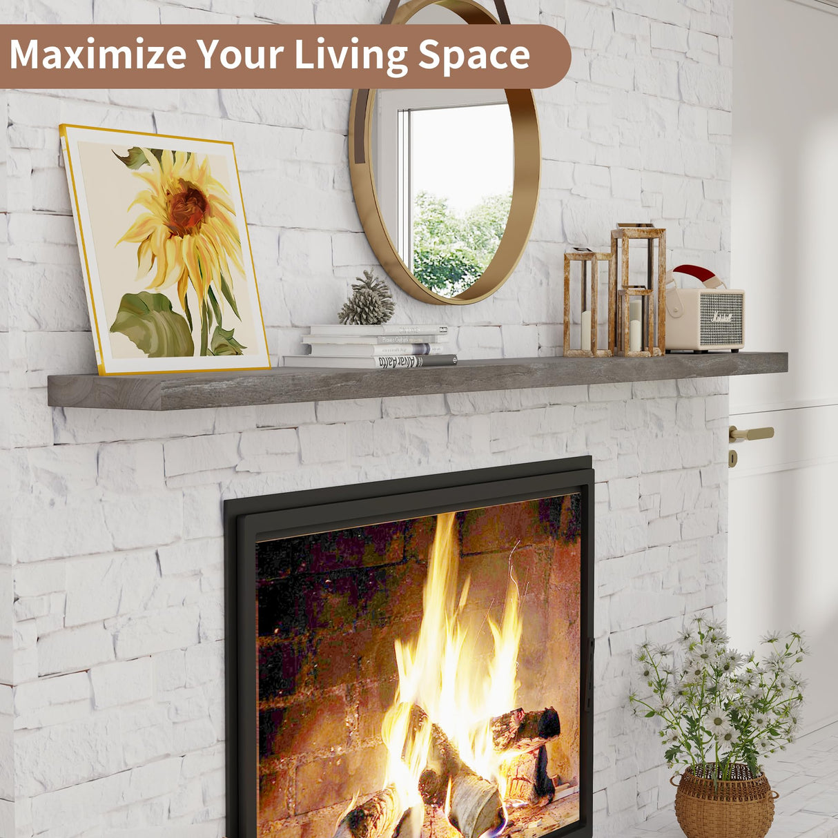 Axeman 72 Inch Fireplace Mantel Shelf - 8 Inch Deep Rustic Solid Elm Wood Floating Shelf, Wall Mounted Farmhouse Display Shelf with Invisible Heavy Duty Metal Bracket, Grey Axeman