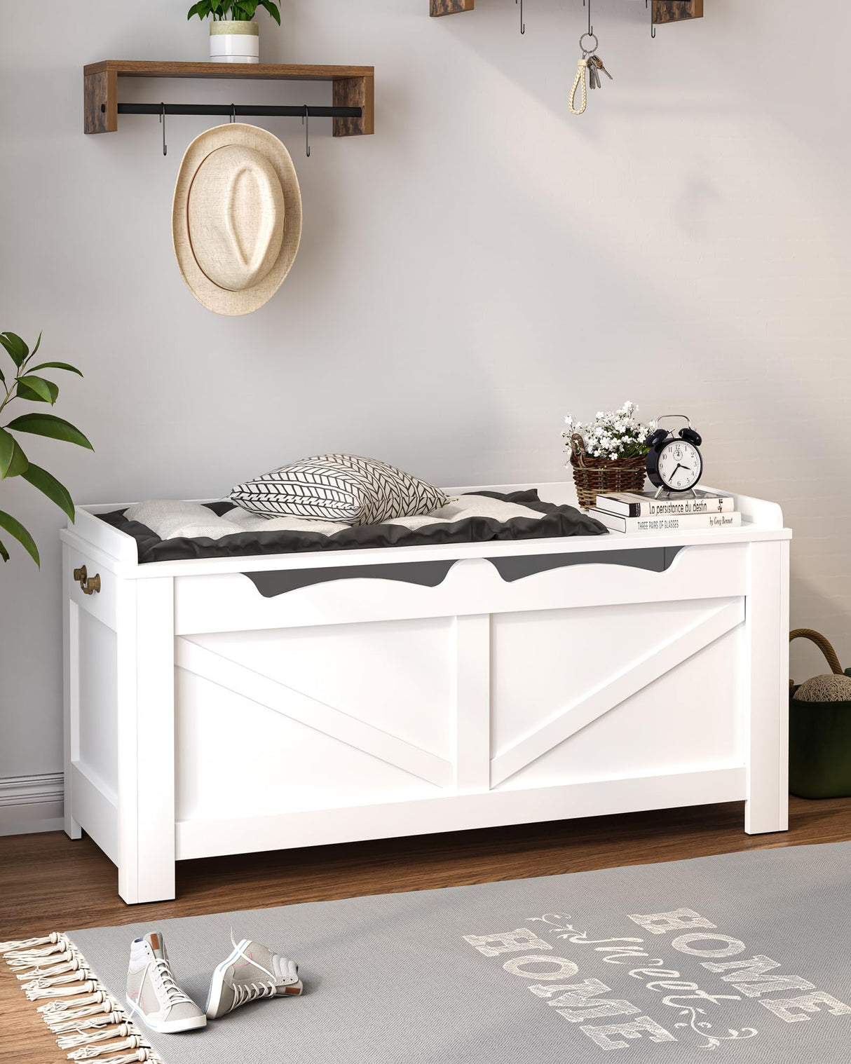 Hzuaneri 39.4" Storage Bench, Storage Chest, Lift-Top Storage Trunk with 2 Safety Hinges, Wooden Storage Box Chest Organizer for Bedroom, Entryway, Living Room, White SB04503X Hzuaneri