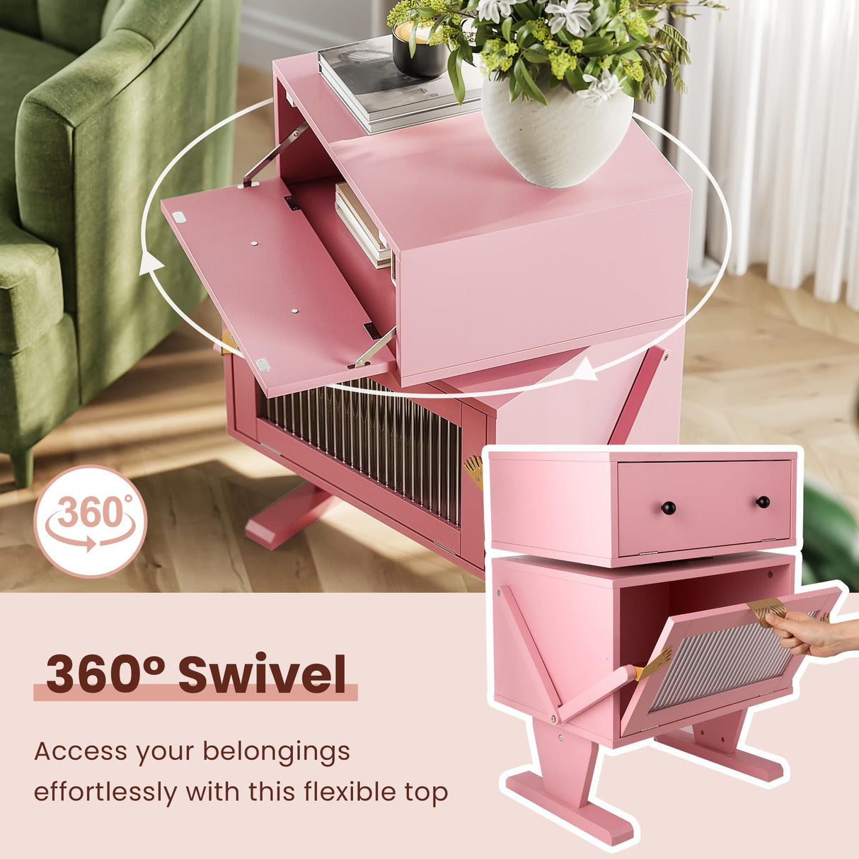 Pink Nightstand with LED Light Strips, Modern End Table with 360° Rotating Drawer, Bedside Table with Glass Door Storage, Wood Night Stand Cabinet for Living Room, Bedroom, Nursery HEYNEMO