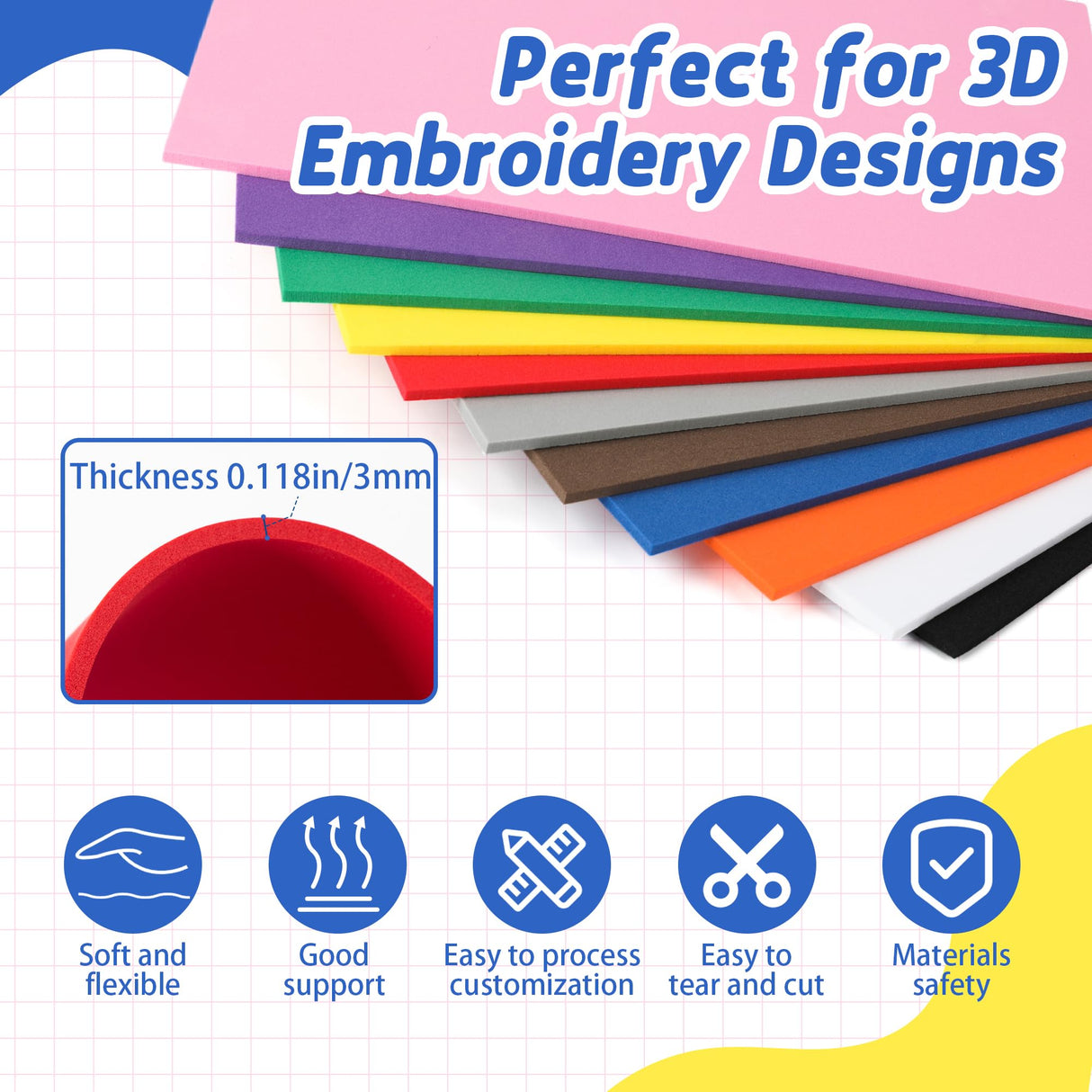 Funria 24Pcs 3mm EVA Embroidery Foam 6" x 9" Puffy Foam for 3D Embroidery Craft Foam Sheets for Cosplay Costume Sewing Hats Caps Garments Jackets Bags Backpacks DIY(11 Colors) Funria