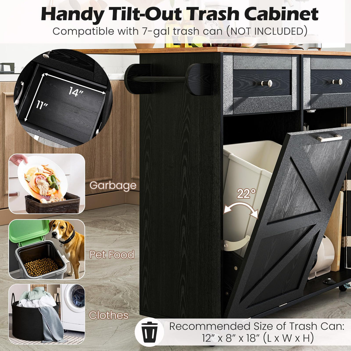 Giantex Kitchen Island Cart with Hidden Tilt Out Trash Can Cabinet, Drop Leaf, 2 Drawers, Towel Rack, Rolling Mobile Breakfast Bar Table, Wood Kitchen Storage Cart on Wheels (Black & Natural) Giantex