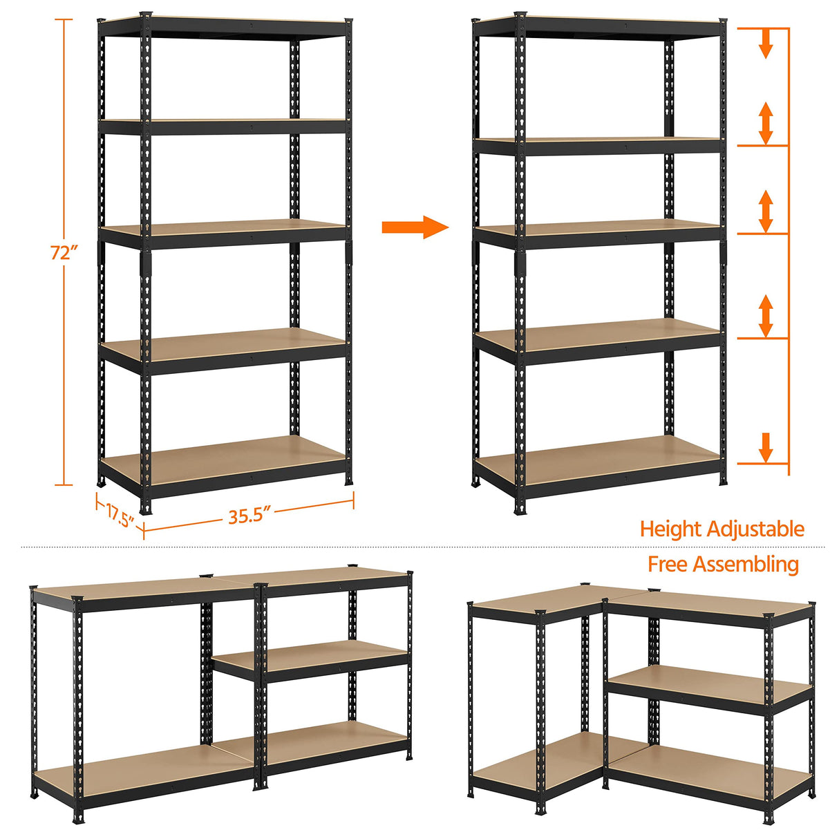 Topeakmart 5-Tier Utility Shelves, Metal Storage Shelves Garage Shelving Unit Adjustable Garage Storage Shelves Storage Racks Heavy Duty Shed Shelving- Black, 35.5 x 17.5 x 72 Inch Topeakmart