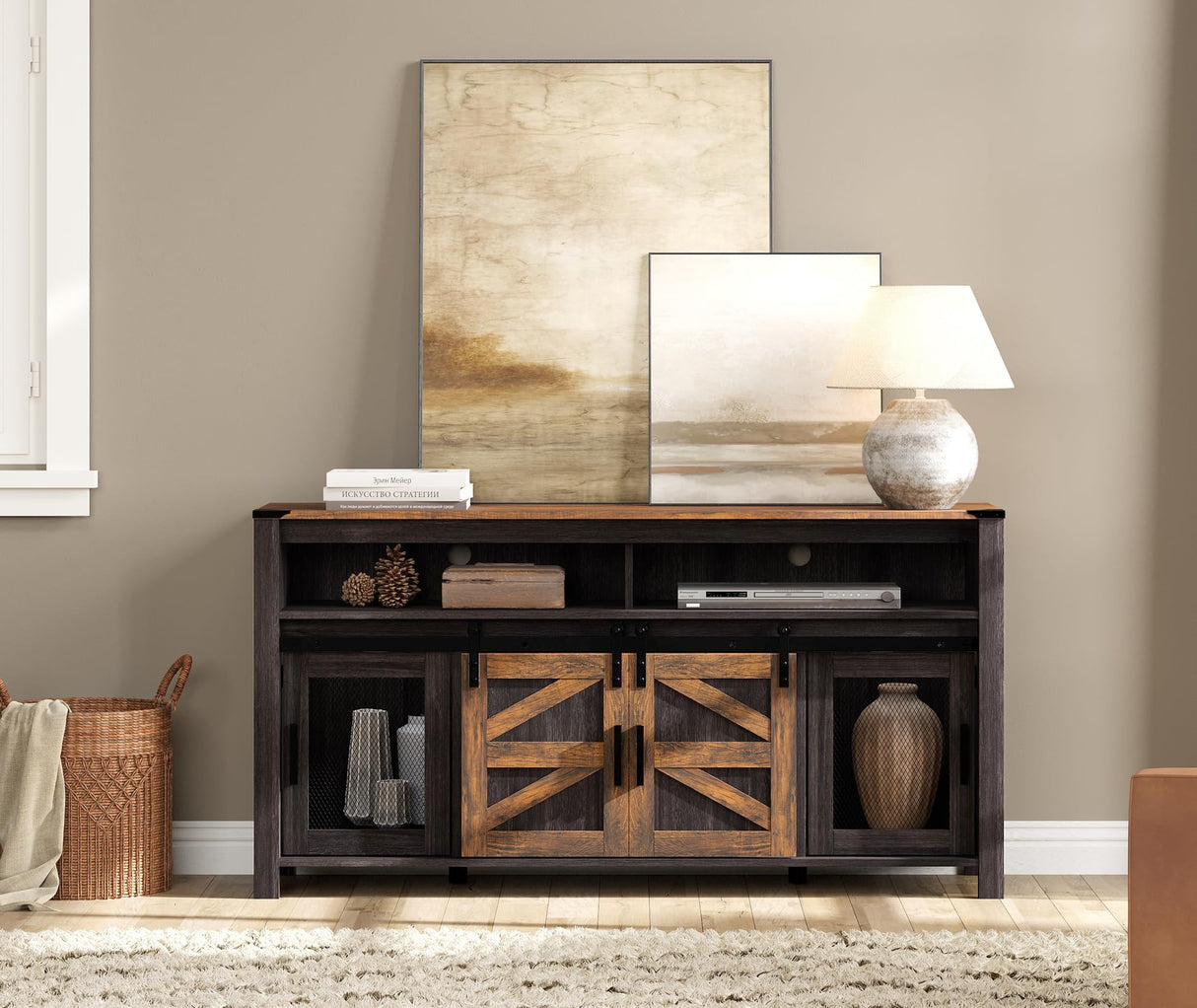 WAMPAT Rustic Farmhouse Buffet Cabinet with Sliding Barn Doors – 59" Antique Black & Brown Coffee Bar Storage Table for Kitchen and Living Room WAMPAT