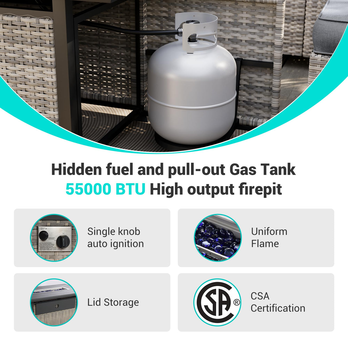 Muphyers 9-Piece Outdoor Patio Furniture Set with 55,000 BTU Fire Pit Table, PE Wicker Rattan Sectional Sofa Patio Conversation Set with Ottomans & Coffee Table, Grey Muphyers