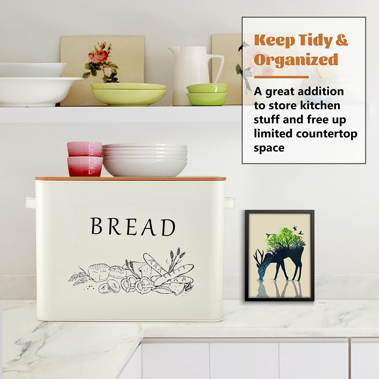 E-far Bread Box for Kitchen Countertop, Metal Bread Storage Container Bin with Bamboo Lid for Cutting Bread, Extra Large & Farmhouse Style, 13” x 7.2” x9.8”, Cream E-far