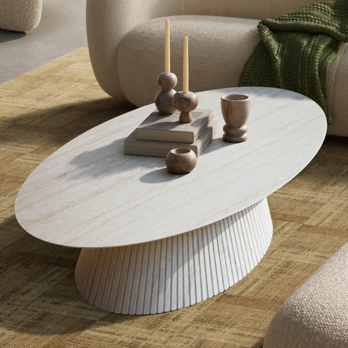 win2win Oval Coffee Table, Modern Faux Stone Coffee Table with Fluted Design, Travertine Tea Table with Tapered Base, Minimalist Center Table for Living Room, Apartment, Office, Stone win2win