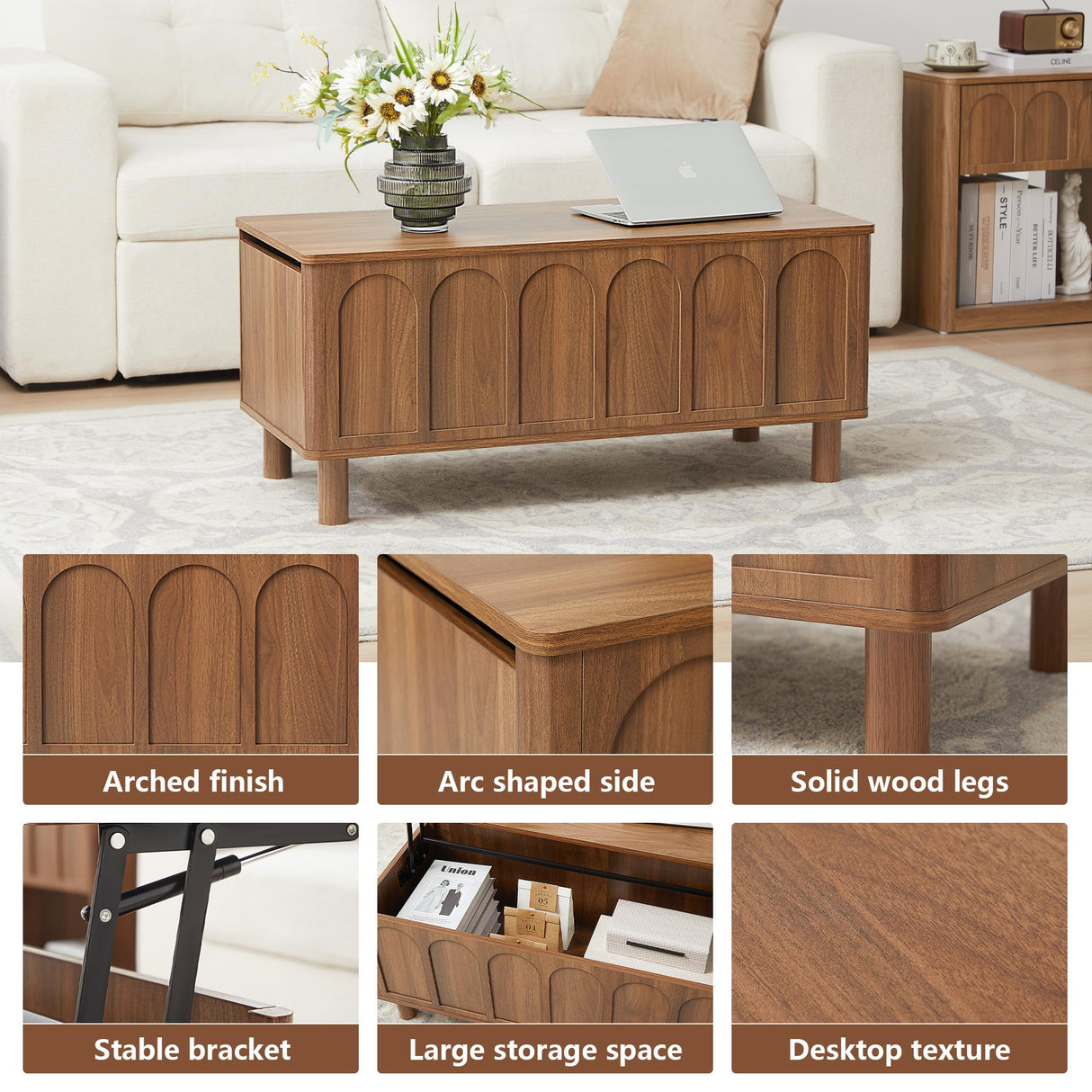 Lift Top Coffee Table with Arched Finish, Modern Coffee Table with Lifting Tabletop & Hidden Storage, Wood Center Table for Living Room,Convenient for Dining, Gaming or Working (Walnut) YUCHIATH