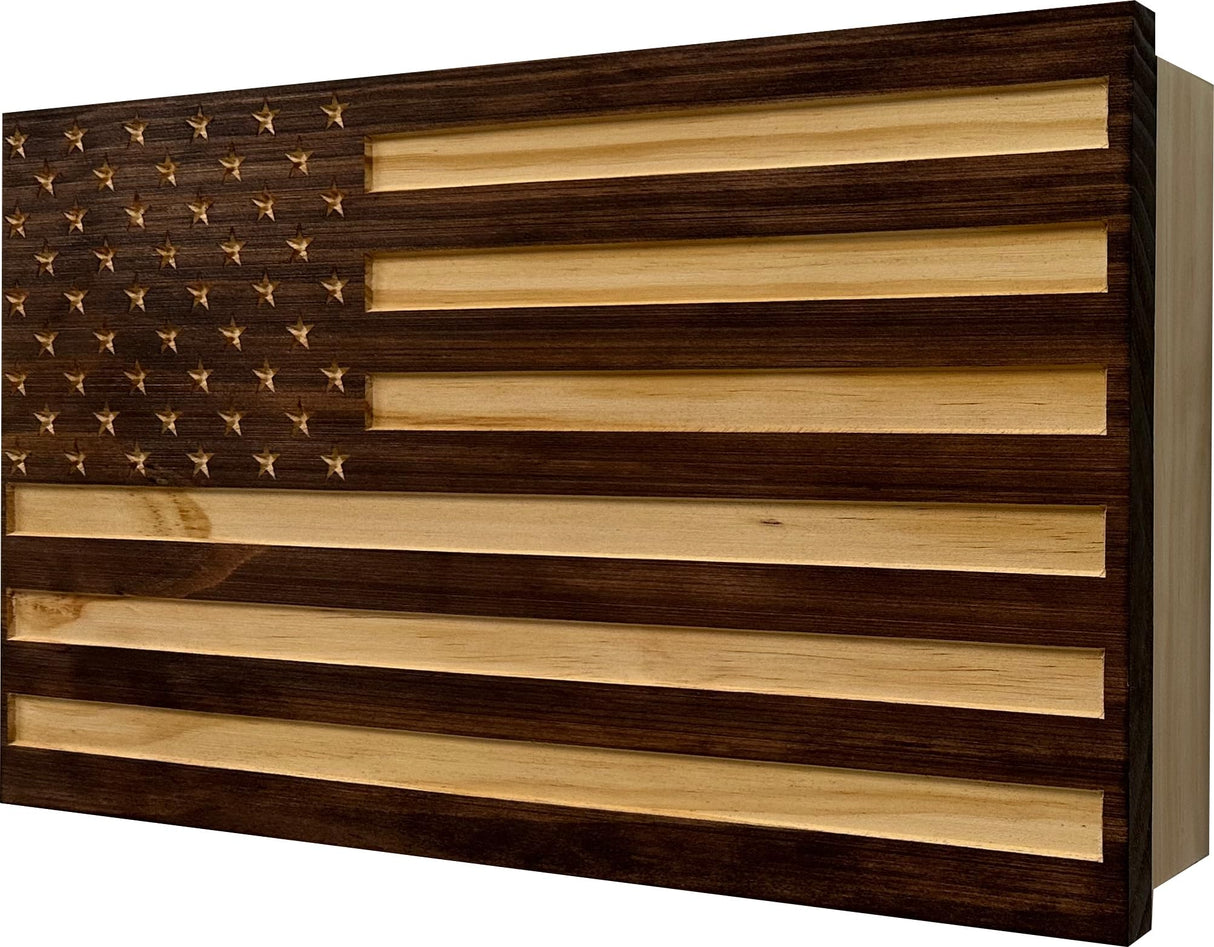 Carved American Flag Hidden Gun Storage Safe - American Flag Concealed Gun Storage Cabinet by Bellewood Designs (Red Mahogany) Bellewood Designs