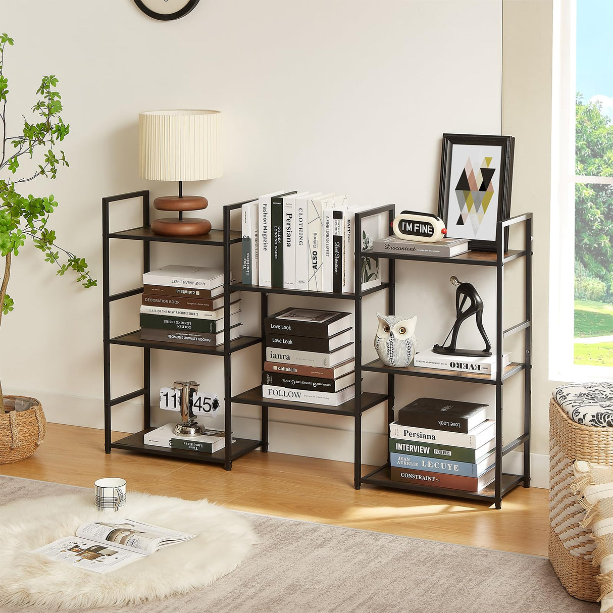 EYOCAL Triple 3 Tier Bookshelf, Wide Industrial Large Book Shelf with 8 Open Display Shelves for Home & Office, Rustic Brown EYOCAL