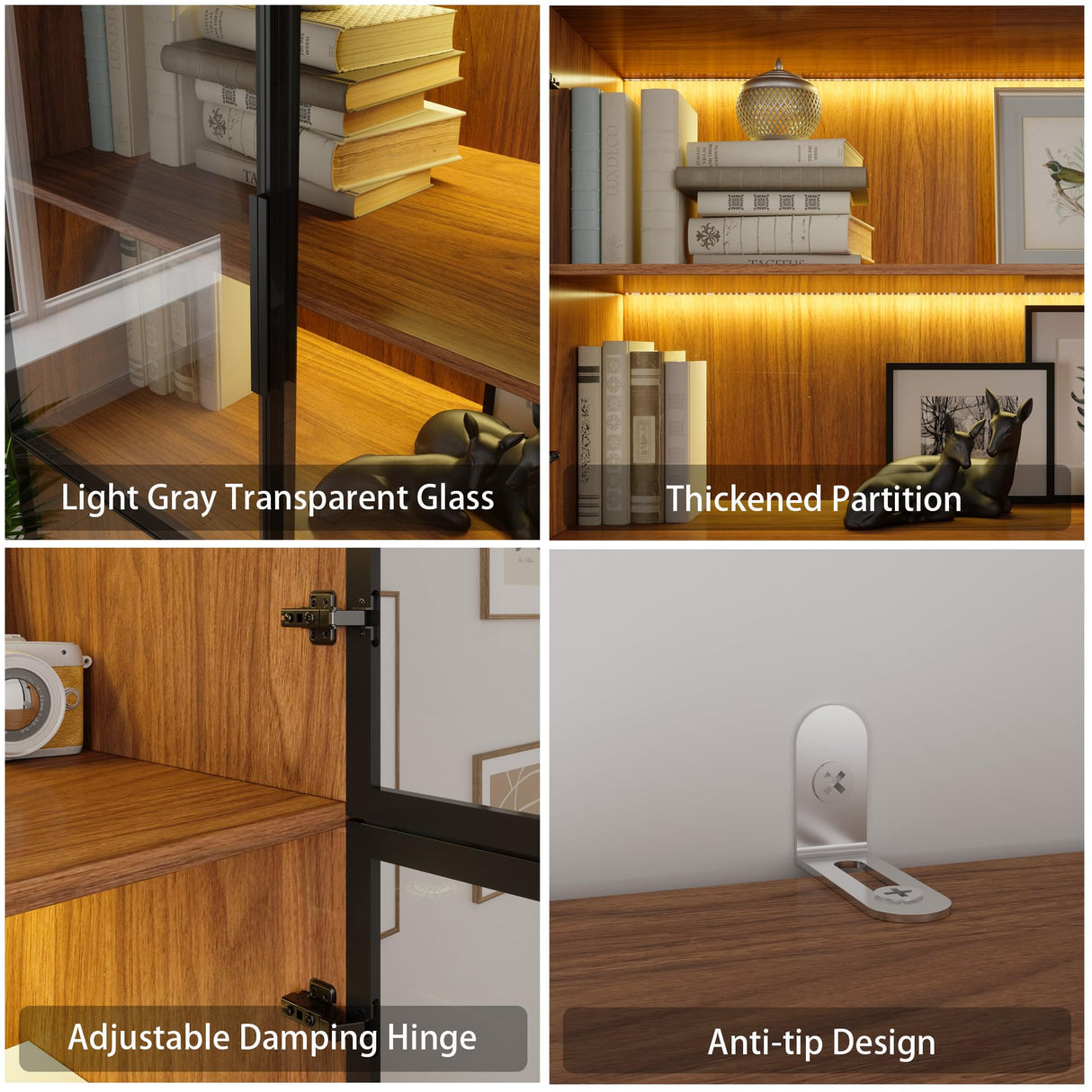 Bobve Display Cabinet with 4 Glass Doors, 5 Tier Storage Shelves Organizer, 78.7" Tall Bookshelf Bookcase with Storage Cabinet, Wooden Display Case Cabinet for Home,Office, Living Room (Walnut) Bobve