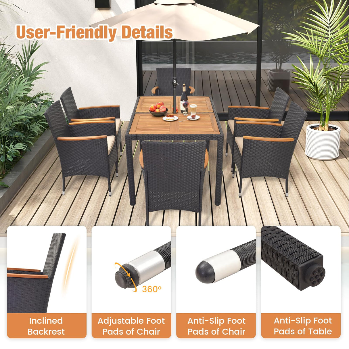 HAPPYGRILL 7 Pieces Outdoor Dining Set, Patio Conversation Set with Umbrella Hole, Acacia Wood Tabletop & Seat Cushions, Dining Table with 6 Rattan Wicker Chairs for Backyard Poolside Deck HAPPYGRILL