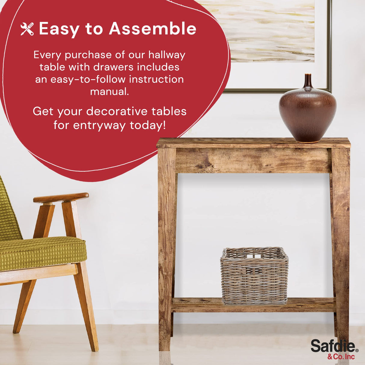 Safdie & Co Rustic Farmhouse Entry Table, Brown Solid Wood Console Table, Use As Doorway Table, Hallway Desk, or Accent Furniture for Decorating Safdie