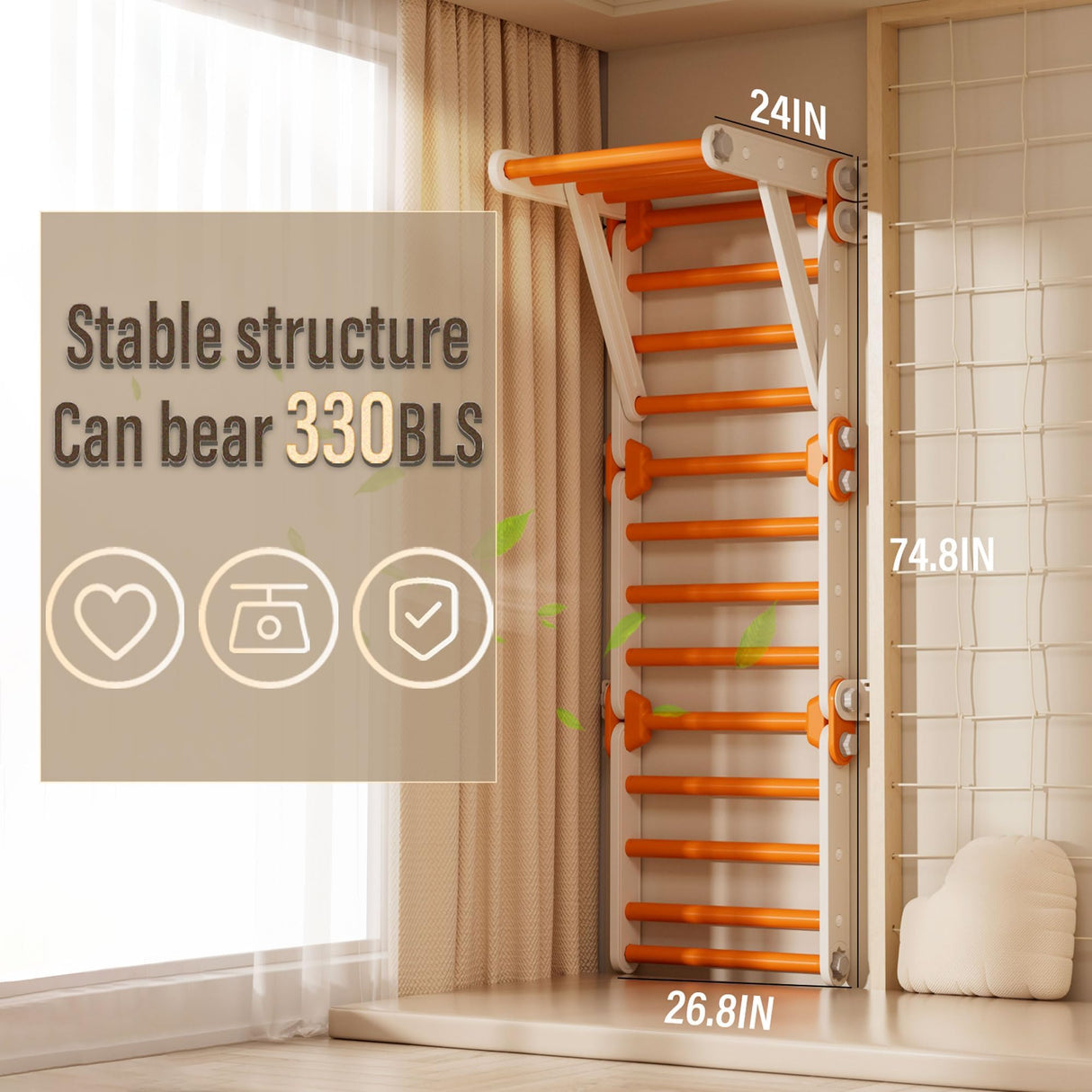 HTWELL Toddler Climbing Toys,Kids Pikler Triangle Set,Montessori Play Gym,Multifunction Foldable Indoor Climbing Gym for Kids(Orange) HTWELL