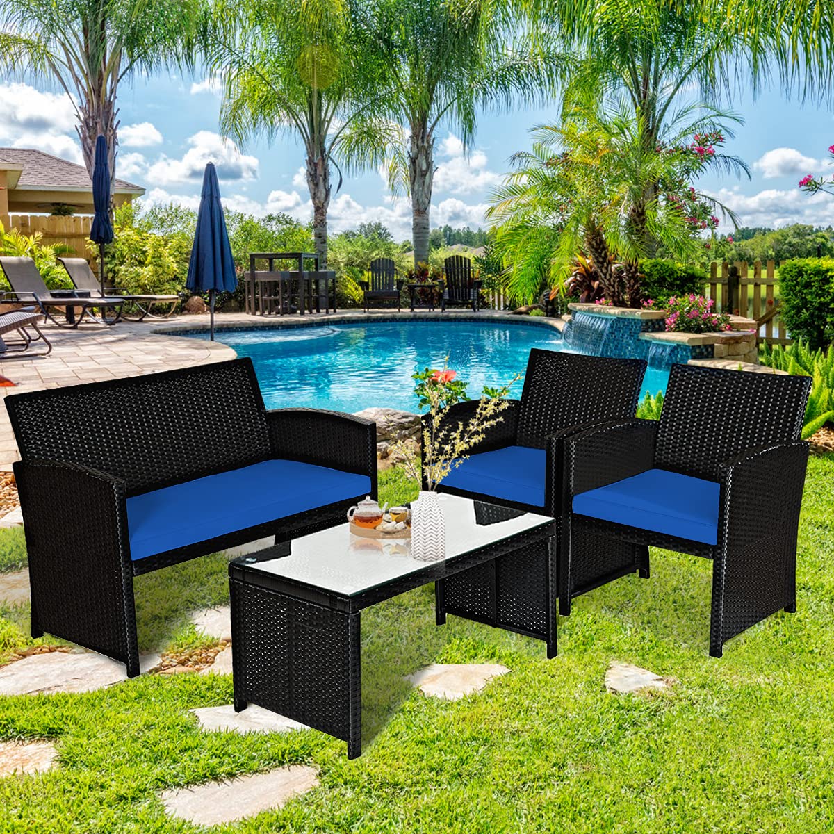 Tangkula 4 Pieces Patio Wicker Conversation Furniture Set, Patiojoy Sofa & Table Set w/4 Seats, Outdoor Rattan Sofa Set for Balcony Backyard, Wicker Chair Set with Tempered Glass Coffee Table Tangkula