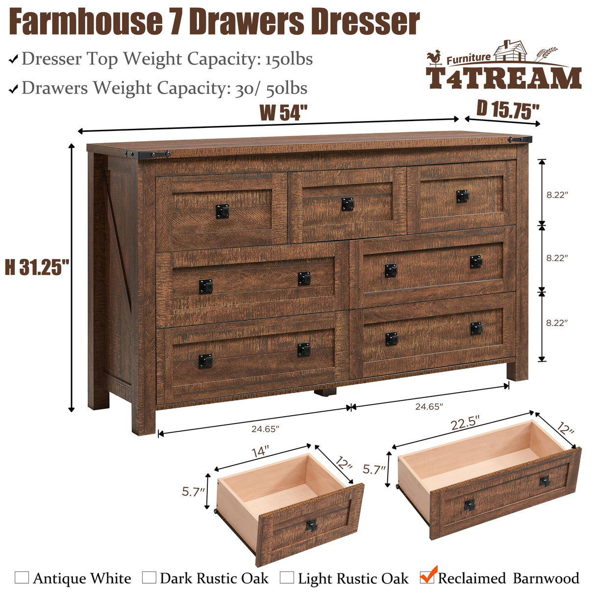 T4TREAM Farmhouse 7 Drawers Dresser for Bedroom, Wood Rustic Dresser Tv Stand, Storage Dressers Organizer for Bedroom, Living Room,Hallway, Reclaimed Barnwood T4TREAM