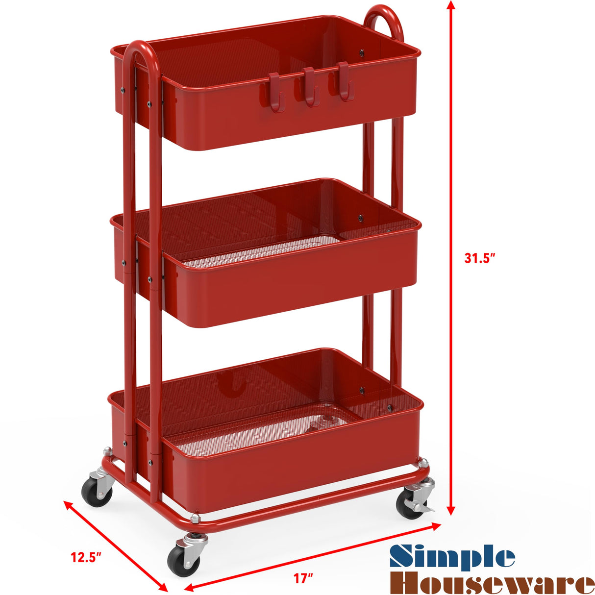 Simple Houseware Heavy Duty 3-Tier Metal Utility Rolling Cart, Red Simple Houseware