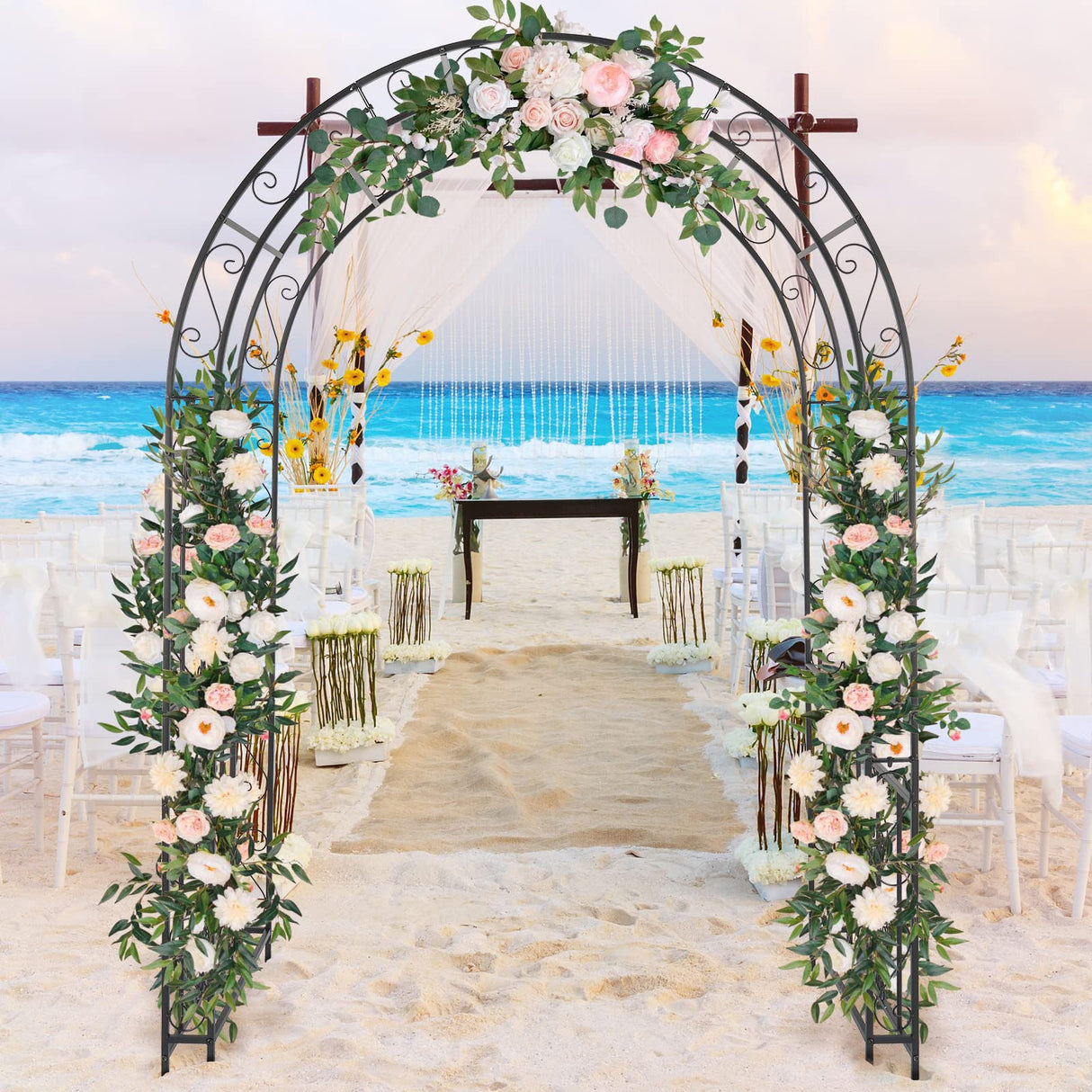 WISLAS 7FT Heavy Duty Steel Garden Arbor with Side Garden Trellis, Rust-Resistant Powder Coated Wedding Arch Archway for Backyard, Vine Plants & Outdoor Decor - Includes Ground Stakes & Easy Assembly WISLAS