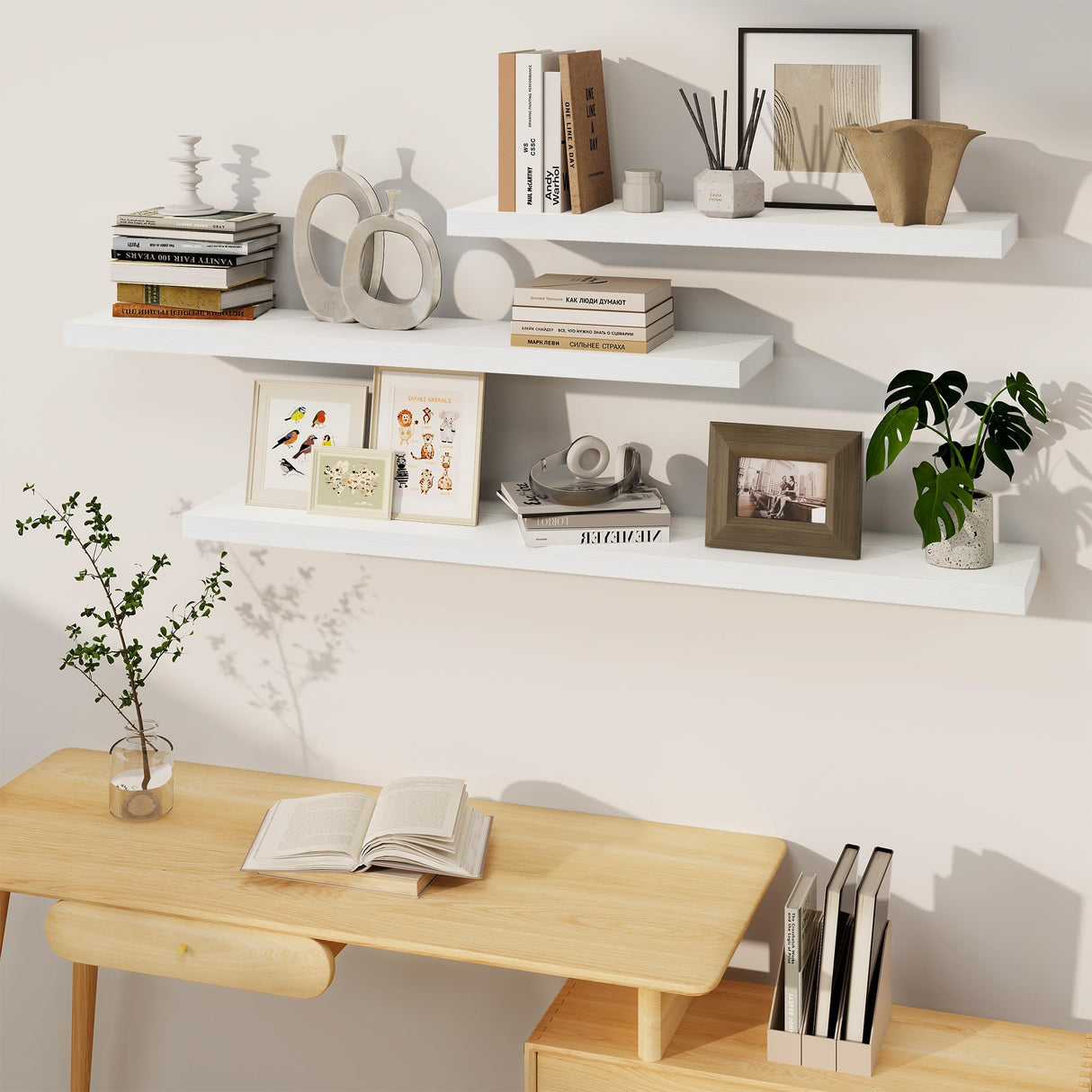 55 Inch Floating Shelf - Rustic Wood Shelves for Wall - 8 Inch Deep Floating Shelves - 55 Inch Fireplace Mantel Shelf - Wall Mounted Wooden Display Shelf- White - Set of 1 Fun Memories