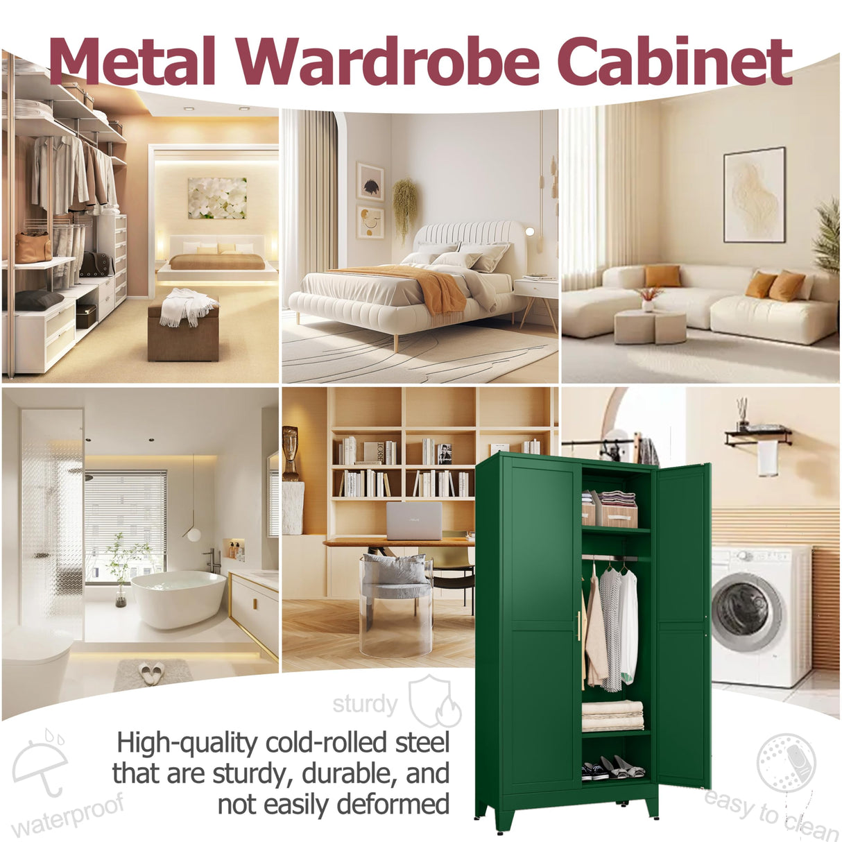 GAIOUS Metal Wardrobe Cabinet with Hanging Rod, 71" Metal Clothing Storage Cabinets with 2 Doors and Adjustable Shelves, Green Armoire Wardrobe Closet for Bedroom, Laundry Room, Cloak Room GAIOUS