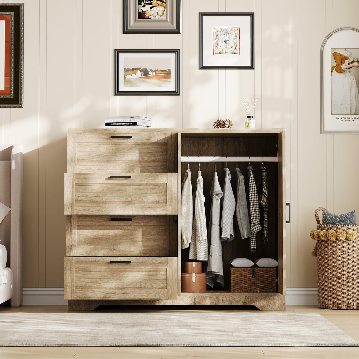 GarveeHome Multifunctional Wooden Dresser for Bedroom, 43.3 in H 2 Door Wardrobe Armoire Closet with 4 Drawers and Hanging Rod, Low Storage Cabinet for Hanging Cloth, Natural Oak GarveeHome