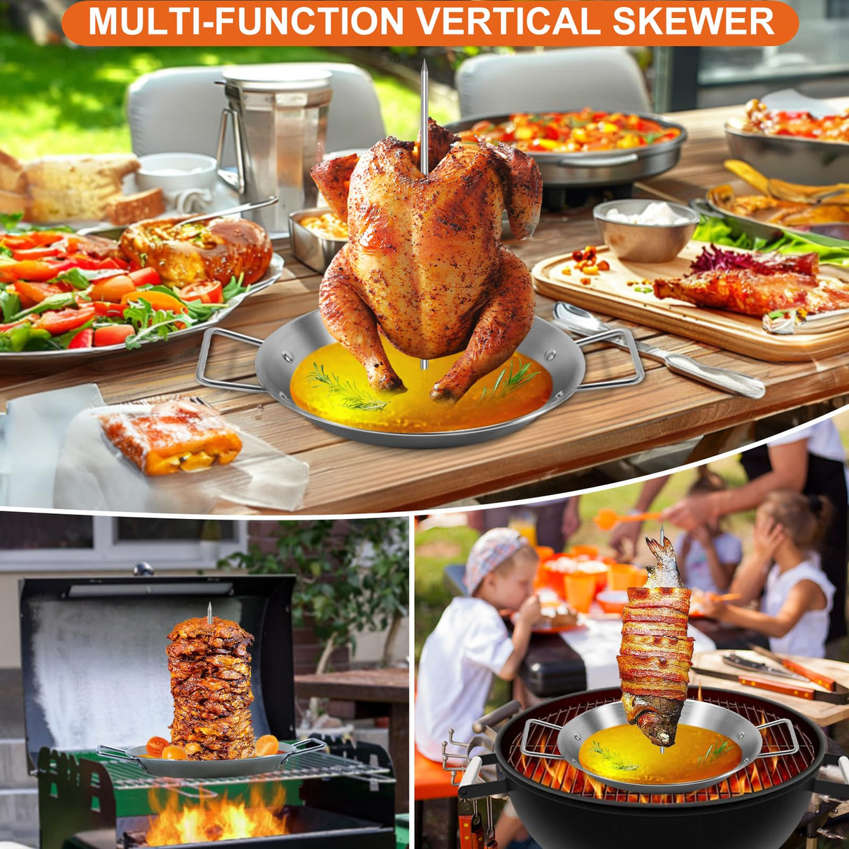 Al Pastor Skewer for Grill, Stainless Steel Vertical Skewer, Brazilian Vertical Spit Stand with 3 Removable Spikes(8”/10"/12”)& Brushes, for Tacos Al Pastor, Shawarma Kebabs Smoker Oven BBQ Dishes yaokvide