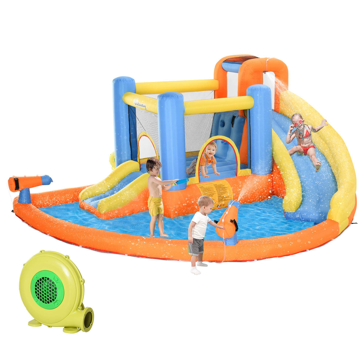 Outsunny 5-in-1 Kids Inflatable Bounce House Jumping Castle with Water Pool, Slide, Climbing Walls, & 2 Water Guns, Orange, Blue, Yellow Outsunny