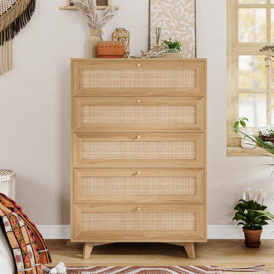 VIAGDO Rattan Dresser for Bedroom, 5 Drawer Dresser with Natural Rattan Drawers, Wooden Tall Dresser with Gold Handles, Modern Closet Dressers Chest of Drawers for Nursery Entryway Living Room