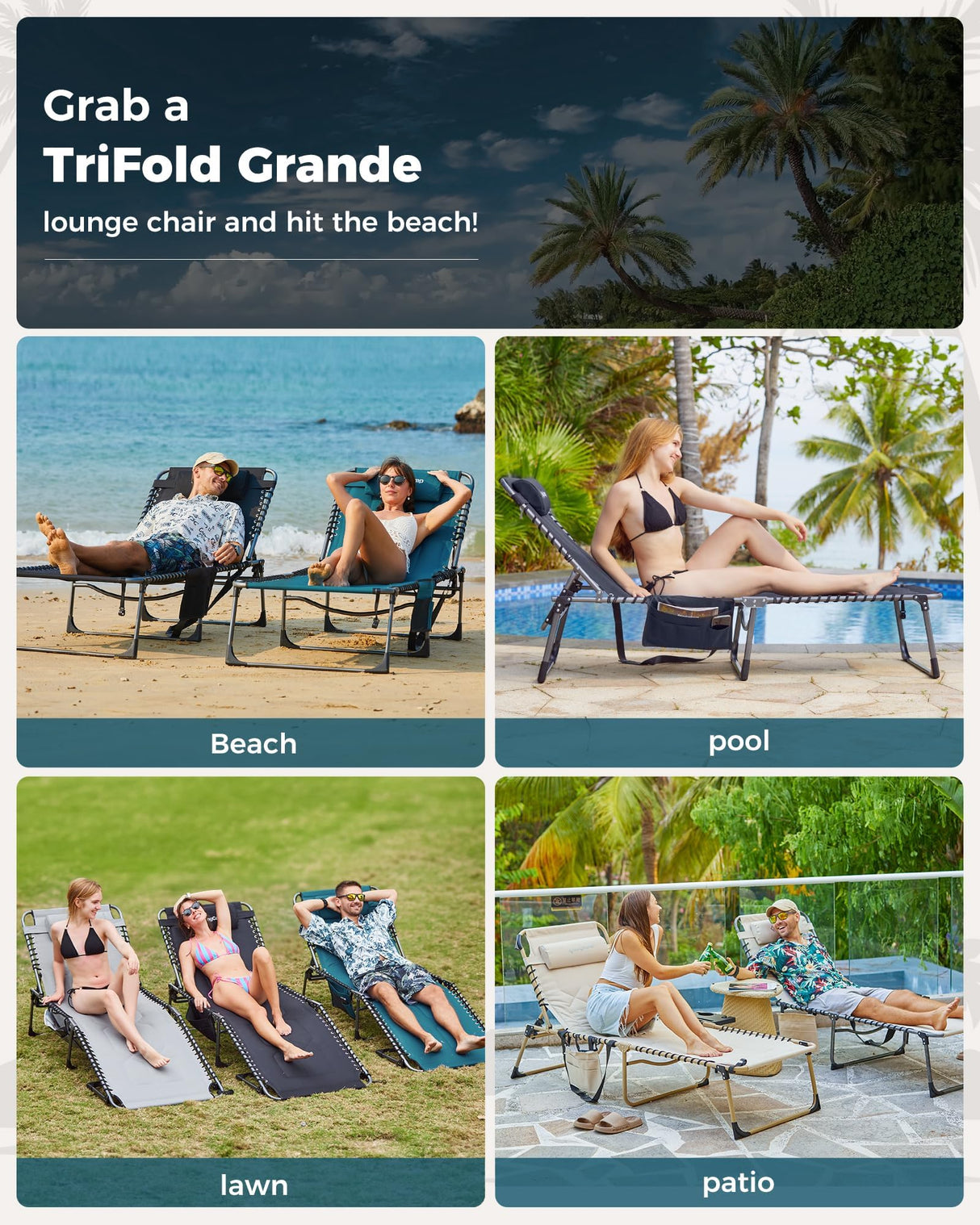 KingCamp Oversized Tanning Chair, Extra-Wide Padded Folding Chase Lounge Chairs Portable Adjustable 5-Position 400lbs Heavy Duty Lounger with Double-Layer Oxford for Outdoor Beach Patio Sun Pool KingCamp