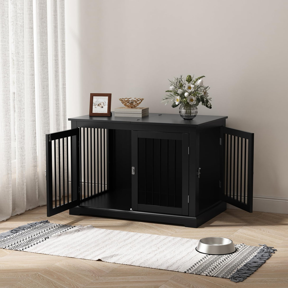 PUPETPO Furniture Style Dog Crate with Cushion, Dog Kennel Medium, Dog Crates, Dog Cage for Small and Medium Dogs, Decorative Dog Kennel with Flip-top Plate, Chew-Proof Metal Bars, Black PUPETPO