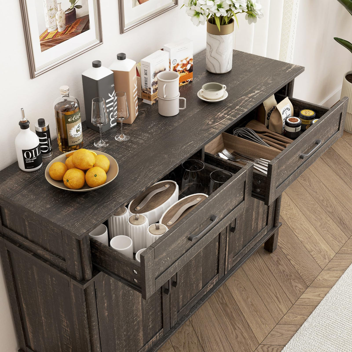 48 Inches Buffet Cabinet with Storage, Farmhouse Sideboard Buffet w/2 Drawers and 3 Doors, Wood Coffee Bar Cabinet with Adjustable Shelves, Sideboard Storage for Kitchen, Living Room, Rustic Brown ONBRILL