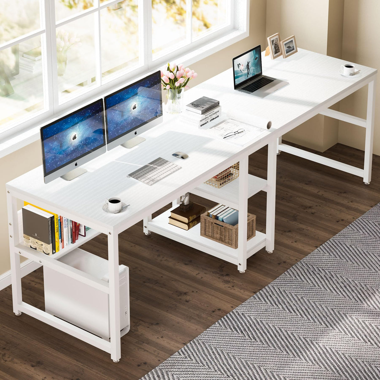 Tribesigns 78-Inch Rustic Double Desk with Bookshelf for Two-Person Workstation in White Tribesigns