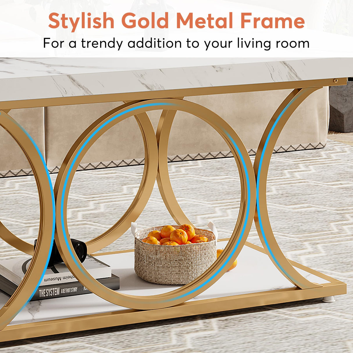 Tribesigns Rectangle Coffee Table, 46.45-inch Modern Coffee Tables for Living Room, 2-Tier Faux Marble Wood Coffee Table with Geometric Legs, Furniture with Storage Shelf (White & Gold) Tribesigns